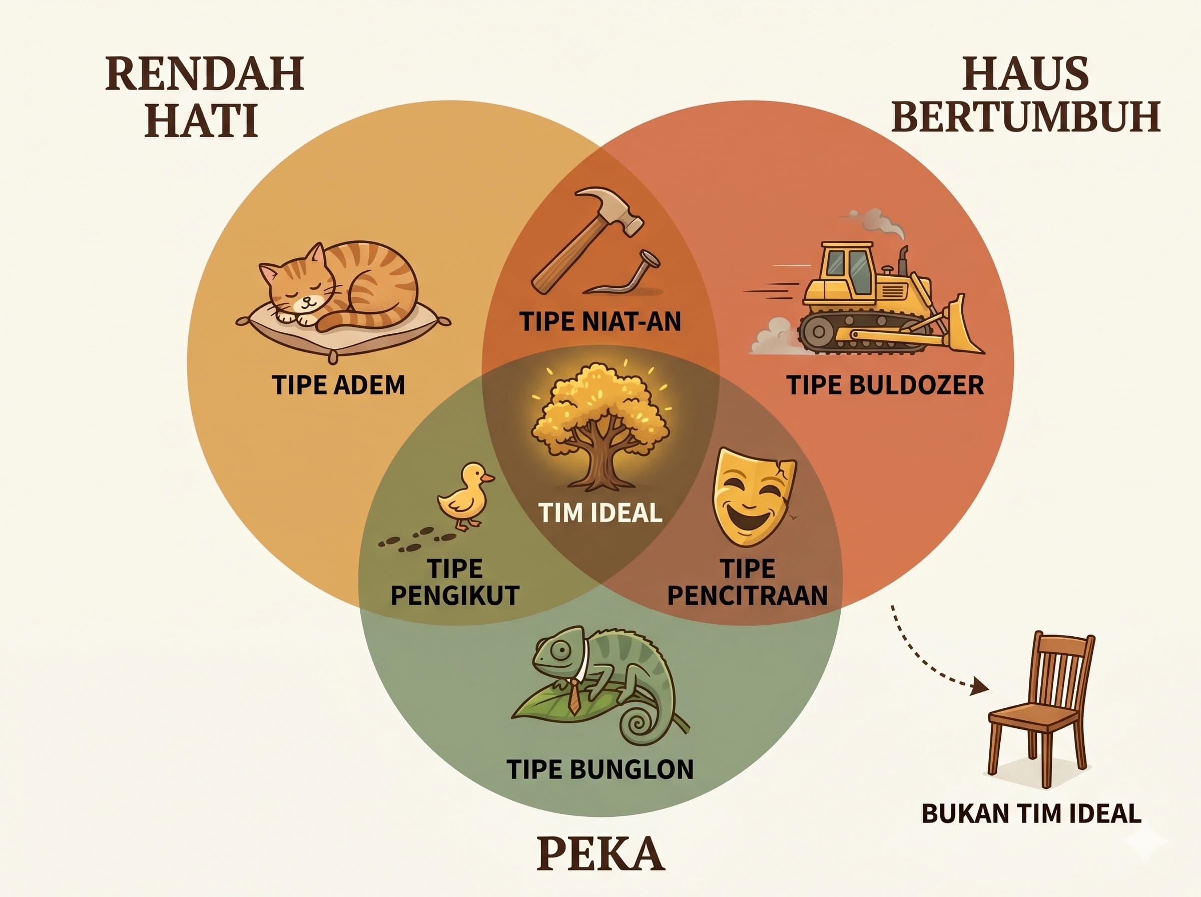 Peta 3 dimensi karakter Tim Ideal: Rendah Hati, Haus Bertumbuh, Peka — pertemuan ketiganya membentuk Tim Ideal.